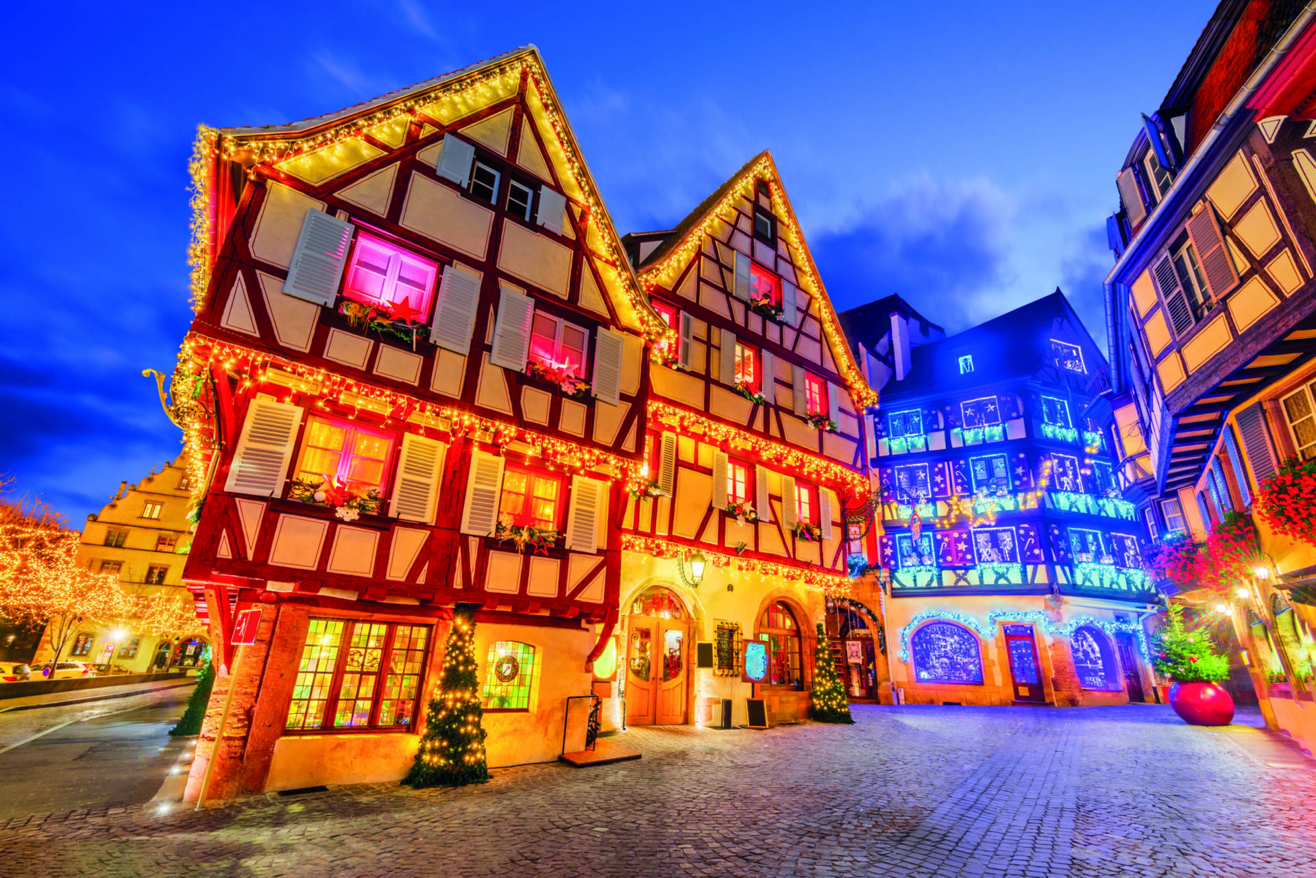 Colmar,,France.,Traditional,Alsatian,Half-timbered,Houses,Christmas,Decorated,City,In